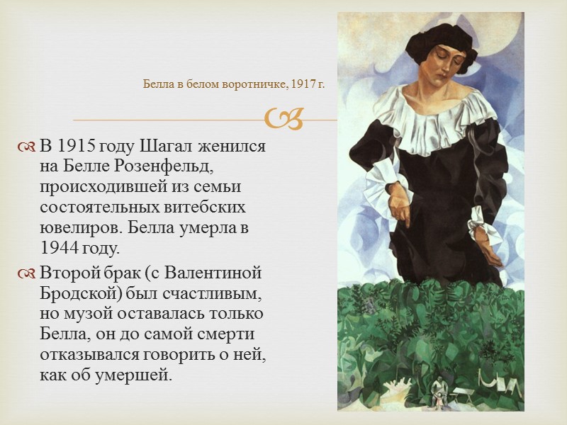 Белла в белом воротничке, 1917 г. В 1915 году Шагал женился на Белле Розенфельд,